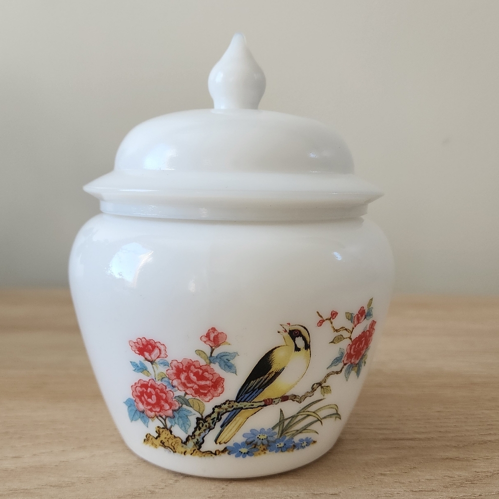 Pretty vintage milk glass jar with bird & flowers